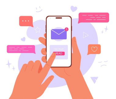 Renkli sohbet simgeleri ve okunmamış mesajları olan akıllı telefonu düz bir şekilde tutan bir elin tasviri. Vektör illüstrasyonu