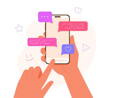 Arkadaşlarla sohbet etmek ve akıllı telefondan mesajlar göndermek. Vektör illüstrasyonu