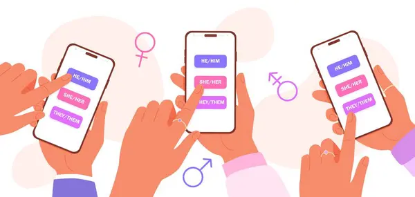 Ludzie Wybierają Zaimki Gender Aplikacji Mobilnej Oni Oni Ona Ona Ilustracja Stockowa