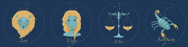 Signs of the Zodiac - animal circle. Collection of zodiac signs. Leo, Virgo, Libra, Scorpion. Mystical astrology elements. in dark blue and gold colors.High quality illustration