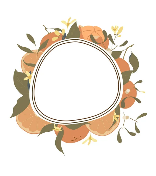 Circle Frame Oranges Branches Space Flat Style Tangerines Flowers Leaves — Stock Vector