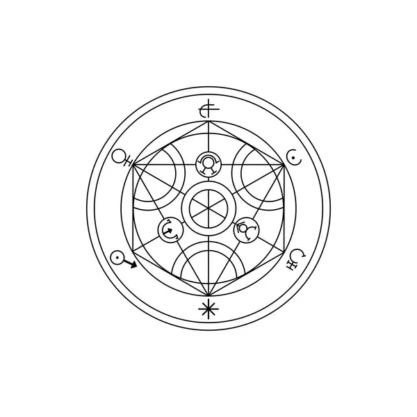 Handgetekende Alchemisten Cirkel Magie Mystieke Symbolen Tekens Vector Alchemist Cirkel — Stockvector