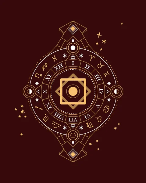 Alchemisch Gouden Basissymbool Met Maanfasen Donkerrode Achtergrond Zodiac Horoscoop Tekens — Stockvector