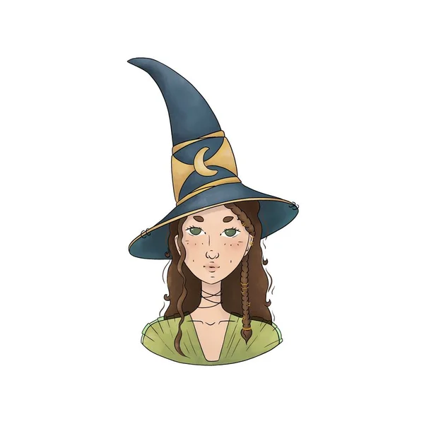 笑笑年轻的女巫戴着典型的女巫帽 一个披着透明披肩的小女孩 棕色头发头戴尖尖帽子的女人高质量的例证 — 图库照片