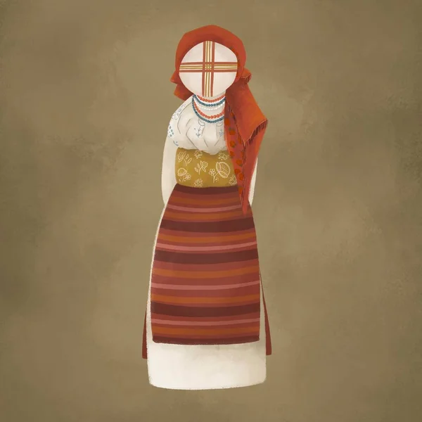 Ukrainian national doll named Motanka. A doll in a scarf girded with a wide belt and a national apron Draw in digital art national style. Symbol art. Ancient amulet. Historical attributes are national