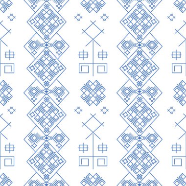 Ikat geometrik folklor süsü. Kabile etnik vektör dokusu. Aztek tarzında kusursuz çizgili desen. Şekil kabile nakışı. Hintli, İskandinav, Çingene, Meksikalı, Ukraynalı halk modeli