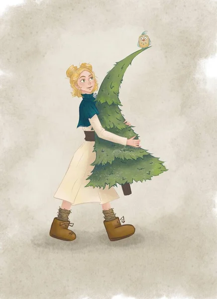 Een Mooi Meisje Een Jurk Laarzen Houdt Een Kerstboom Vast — Stockfoto
