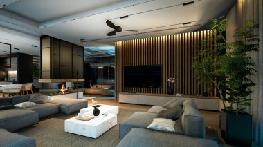 Modern konforlu iç döşeme, yaşam alanı merdiveni, mutfak ve satılık ya da geceleri deniz kenarında ahşap kalaslarla döşenmiş. Ilık iç aydınlatma ve gece sokağındaki soğuk ışık birleşimi.