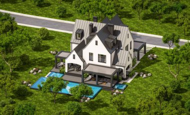 Üç boyutlu şirin, beyaz ve siyah, modern Tudor tarzı bir ev. Park yeri ve havuzu satılık ya da güzel peyzajlı. Peri çatıları. Mavi gökyüzü açık güneşli bir yaz günü.