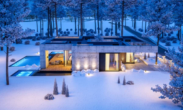 以现代风格的新混凝土房屋的3D渲染 有游泳池和停车场出售或出租 以及漂亮的背景景观 这房子只有一层 寒冷的冬夜 天上有星星 — 图库照片