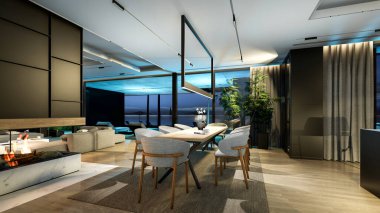 Modern konforlu iç döşeme, yaşam alanı merdiveni, mutfak ve satılık ya da geceleri deniz kenarında ahşap kalaslarla döşenmiş. Ilık iç aydınlatma ve gece sokağındaki soğuk ışık birleşimi.