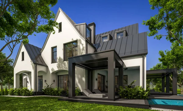 Rendering Carino Accogliente Bianco Nero Moderno Casa Stile Tudor Con — Foto Stock