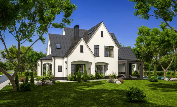 Renderelés Aranyos Hangulatos Fehér Fekete Modern Tudor Stílusú Ház Parkoló — Stock Fotó