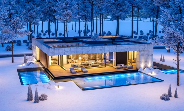 양식의 새로운 하우스 렌더링 임대료 아름다운 조경을 배경으로 뜨거운 겨울밤 — 스톡 사진