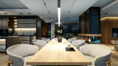 Modern konforlu iç döşeme, yaşam alanı merdiveni, mutfak ve satılık ya da geceleri deniz kenarında ahşap kalaslarla döşenmiş. Ilık iç aydınlatma ve gece sokağındaki soğuk ışık birleşimi.