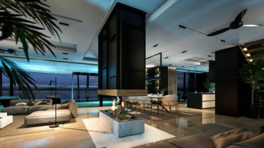 Modern konforlu iç döşeme, yaşam alanı merdiveni, mutfak ve satılık ya da geceleri deniz kenarında ahşap kalaslarla döşenmiş. Ilık iç aydınlatma ve gece sokağındaki soğuk ışık birleşimi.