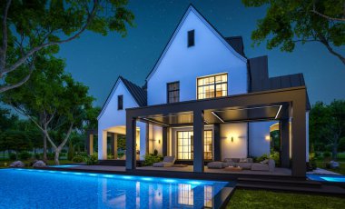 Üç boyutlu şirin, beyaz ve siyah, modern Tudor tarzı bir ev. Park yeri ve havuzu satılık ya da güzel peyzajlı. Peri çatıları. Gökyüzünde bir sürü yıldızla berrak bir yaz gecesi.