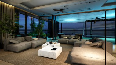 Modern konforlu iç döşeme, yaşam alanı merdiveni, mutfak ve satılık ya da geceleri deniz kenarında ahşap kalaslarla döşenmiş. Ilık iç aydınlatma ve gece sokağındaki soğuk ışık birleşimi.