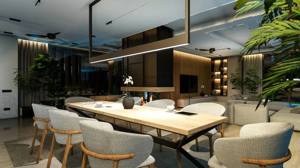 Representación Interior Acogedor Moderno Con Sala Estar Comedor Escalera Cocina —  Fotos de Stock