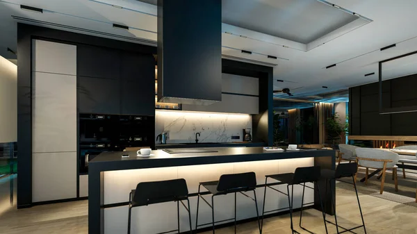 Rendering Interior Modern Yang Nyaman Dengan Tangga Zona Makan Dan — Stok Foto