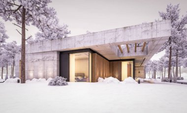 Modern tarzda yeni beton bir ev, havuz, park yeri ya da kira ve arka planda güzel bir peyzaj. Bir kat. Serin bir kış akşamıydı pencerelerden gelen sıcak ışıkla