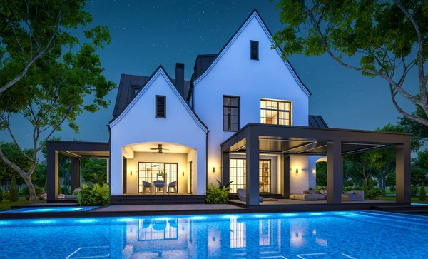 3D渲染可爱舒适的白色和黑色现代都铎风格的房子与停车场和游泳池出售或租金与美丽的景观 仙女们的屋顶晴朗的夏夜 天上有许多星星 — 图库照片