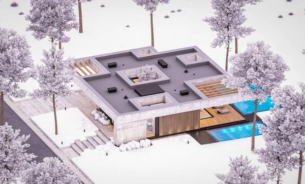 以现代风格的新混凝土房屋的3D渲染 有游泳池和停车场出售或出租 以及漂亮的背景景观 一楼的房子凉爽的冬夜 窗户里透出舒适的光线 — 图库照片