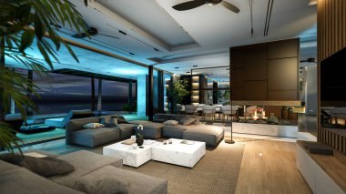 Modern konforlu iç döşeme, yaşam alanı merdiveni, mutfak ve satılık ya da geceleri deniz kenarında ahşap kalaslarla döşenmiş. Ilık iç aydınlatma ve gece sokağındaki soğuk ışık birleşimi.