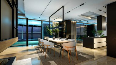 Modern konforlu iç döşeme, yaşam alanı merdiveni, mutfak ve satılık ya da geceleri deniz kenarında ahşap kalaslarla döşenmiş. Ilık iç aydınlatma ve gece sokağındaki soğuk ışık birleşimi.