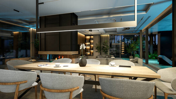 3d rendering of modern cozy interior with living,dining zone stair and kitchen for sale or rent with wood plank by the sea in night. Warm interior lighting combined with cold light from night street