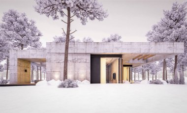 Modern tarzda yeni beton bir ev, havuz, park yeri ya da kira ve arka planda güzel bir peyzaj. Bir kat. Serin bir kış akşamıydı pencerelerden gelen sıcak ışıkla