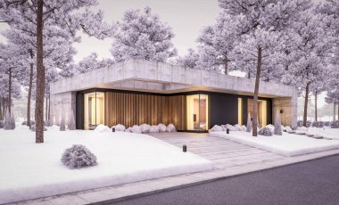 Modern tarzda yeni beton bir ev, havuz, park yeri ya da kira ve arka planda güzel bir peyzaj. Bir kat. Serin bir kış akşamıydı pencerelerden gelen sıcak ışıkla