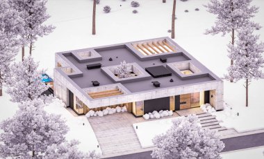 Modern tarzda yeni beton bir ev, havuz, park yeri ya da kira ve arka planda güzel bir peyzaj. Bir kat. Serin bir kış akşamıydı pencerelerden gelen sıcak ışıkla