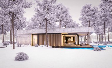 Modern tarzda yeni beton bir ev, havuz, park yeri ya da kira ve arka planda güzel bir peyzaj. Bir kat. Serin bir kış akşamıydı pencerelerden gelen sıcak ışıkla