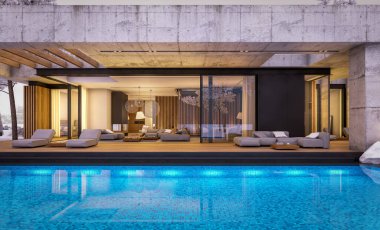 Modern tarzda yeni beton bir ev, havuz, park yeri ya da kira ve arka planda güzel bir peyzaj. Bir kat. Serin bir kış akşamıydı pencerelerden gelen sıcak ışıkla