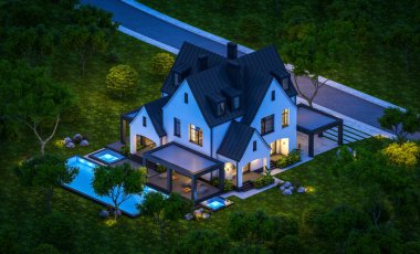 Üç boyutlu şirin, beyaz ve siyah, modern Tudor tarzı bir ev. Park yeri ve havuzu satılık ya da güzel peyzajlı. Peri çatıları. Gökyüzünde bir sürü yıldızla berrak bir yaz gecesi.