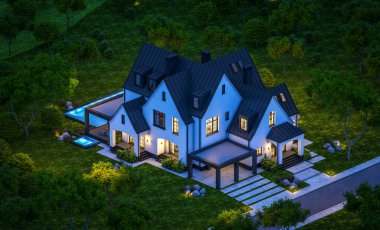 Üç boyutlu şirin, beyaz ve siyah, modern Tudor tarzı bir ev. Park yeri ve havuzu satılık ya da güzel peyzajlı. Peri çatıları. Gökyüzünde bir sürü yıldızla berrak bir yaz gecesi.