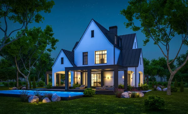 3D渲染可爱舒适的白色和黑色现代都铎风格的房子与停车场和游泳池出售或租金与美丽的景观 仙女们的屋顶晴朗的夏夜 天上有许多星星 — 图库照片