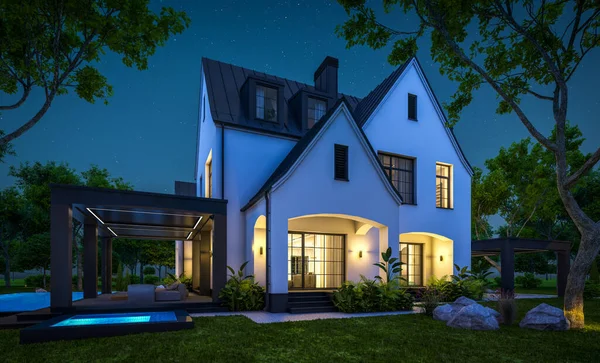 Rendering Van Leuke Gezellige Witte Zwarte Moderne Tudor Stijl Huis — Stockfoto