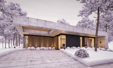 Modern tarzda yeni beton bir ev, havuz, park yeri ya da kira ve arka planda güzel bir peyzaj. Bir kat. Serin bir kış akşamıydı pencerelerden gelen sıcak ışıkla