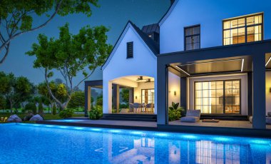 Üç boyutlu şirin, beyaz ve siyah, modern Tudor tarzı bir ev. Park yeri ve havuzu satılık ya da güzel peyzajlı. Peri çatıları. Gökyüzünde bir sürü yıldızla berrak bir yaz gecesi.