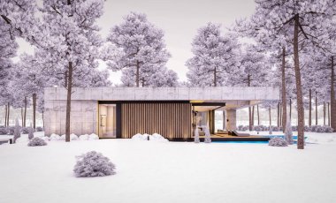 Modern tarzda yeni beton bir ev, havuz, park yeri ya da kira ve arka planda güzel bir peyzaj. Bir kat. Serin bir kış akşamıydı pencerelerden gelen sıcak ışıkla