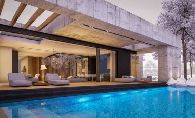 Modern tarzda yeni beton bir ev, havuz, park yeri ya da kira ve arka planda güzel bir peyzaj. Bir kat. Serin bir kış akşamıydı pencerelerden gelen sıcak ışıkla