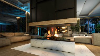 Modern konforlu iç döşeme, yaşam alanı merdiveni, mutfak ve satılık ya da geceleri deniz kenarında ahşap kalaslarla döşenmiş. Ilık iç aydınlatma ve gece sokağındaki soğuk ışık birleşimi.