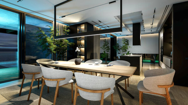 3d rendering of modern cozy interior with living,dining zone stair and kitchen for sale or rent with wood plank by the sea in night. Warm interior lighting combined with cold light from night street