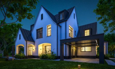 Üç boyutlu şirin, beyaz ve siyah, modern Tudor tarzı bir ev. Park yeri ve havuzu satılık ya da güzel peyzajlı. Peri çatıları. Gökyüzünde bir sürü yıldızla berrak bir yaz gecesi.