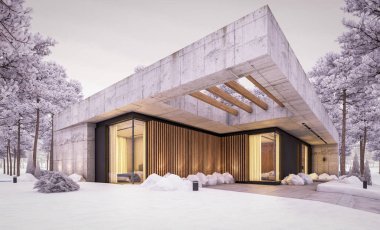 Modern tarzda yeni beton bir ev, havuz, park yeri ya da kira ve arka planda güzel bir peyzaj. Bir kat. Serin bir kış akşamıydı pencerelerden gelen sıcak ışıkla