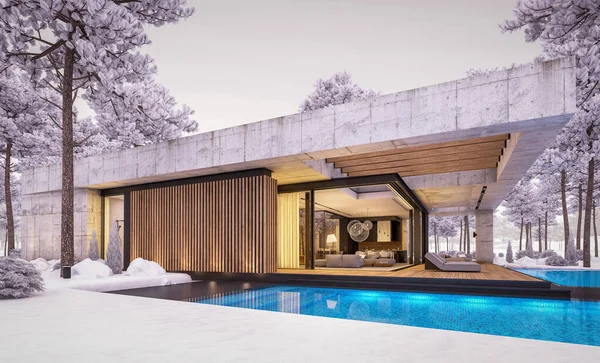 3d rendering of new concrete house in modern style with pool and parking for sale or rent and beautiful landscaping on background. One floor house. Cool winter evening with cozy light from windows