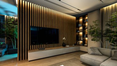 Modern konforlu iç döşeme, yaşam alanı merdiveni, mutfak ve satılık ya da geceleri deniz kenarında ahşap kalaslarla döşenmiş. Ilık iç aydınlatma ve gece sokağındaki soğuk ışık birleşimi.