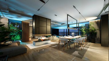 Modern konforlu iç döşeme, yaşam alanı merdiveni, mutfak ve satılık ya da geceleri deniz kenarında ahşap kalaslarla döşenmiş. Ilık iç aydınlatma ve gece sokağındaki soğuk ışık birleşimi.